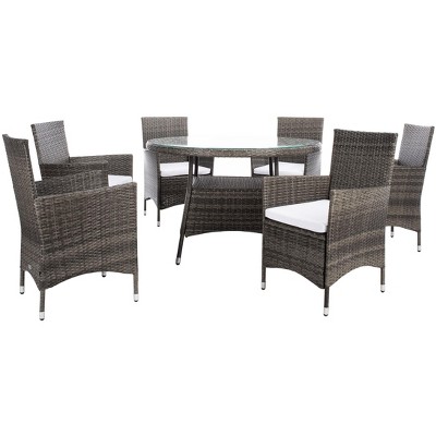Challe 47" Round Grey Brown Wicker Outdoor Dining Set with White Cushions