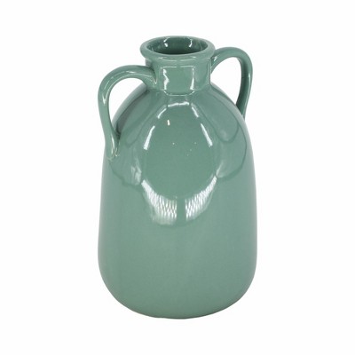 Dark Sage Ceramic Vase with Dual Handles, 10"