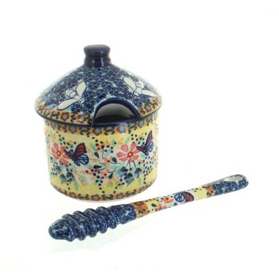 Blue Rose Polish Pottery Blue Butterfly Honey Pot & Dipper