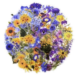 Wrapables Floral PET Stickers for Scrapbooking, Junk Journals, Stationery, Water Bottles, Phones, Laptops (120pcs), Blue Yellow Lavender - 1 of 4