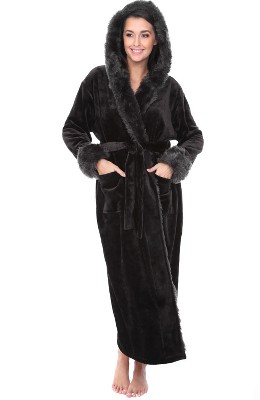 Women's Winter Robe With Faux Fur Feather, Plush Fleece Hooded Bathrobe ...