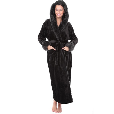 Women's Fuzzy Plush Fleece Bathrobe with Hood, Soft Warm Hooded