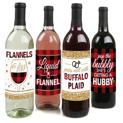 Big Dot of Happiness Flannel Fling Before the Ring - Buffalo Plaid Bachelorette Party Decor for Women and Men - Wine Bottle Label Stickers - Set of 4