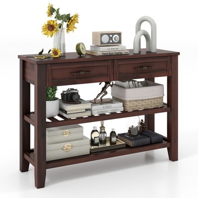 Tangkula 3-Tier Narrow Console Table w/ 2 Drawers 2 Open Shelves Solid Wood Legs
