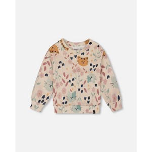 Deux par Deux Girl Glittering French Terry Sweatshirt Beige Cat Print - 1 of 4