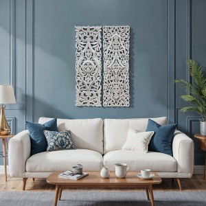 Royal Hampton Carved Wall Art Panel Set of 2 | Handcrafted Ornate Decor | Distressed White Wood, 16x48 - 1 of 4