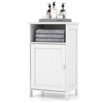 Tangkula Bathroom Floor Cabinet Single Door Side Cabinet w/ Open Compartment & 3-Position Adjustable Shelf White/Grey