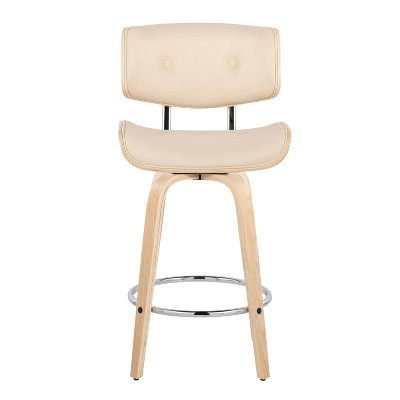 Lombardi 26" Beige Faux Leather and Walnut Wood Swivel Counter Stools - Set of 2