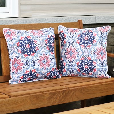 16" x 16" Blue and Red Floral Polyester Square Outdoor Throw Pillows, Set of 2