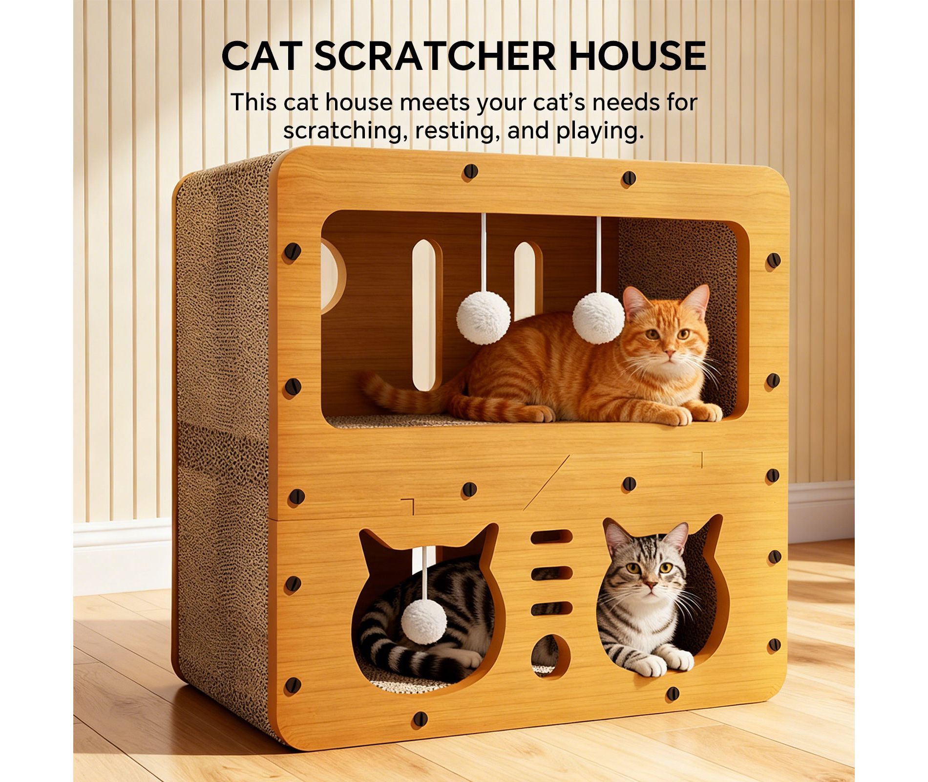 AEELLEEA Wooden Cat Scratcher House, Cat Bed Cave, Cardboard Condo, Small Cat House for Indoor Cats Under 10 lbs, Cat Playhouse with Scratching Pad