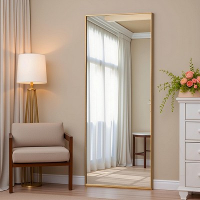 Aluminum Slim-Frame Gold Full-Body Straight Rectangle Mirror with Stand