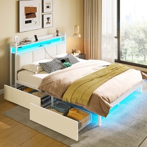 Greenstell Bed Frame with LED Lights & Charging Station, Upholstered Headboard with 4 Storage Drawers - 1 of 4