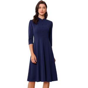 INSPIRE CHIC Women's Vintage 3/4 Sleeves Stand Collar Office Work Elegant A-Line Dress - 1 of 4