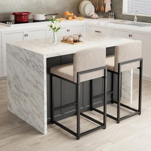 Modern Bar Stools Set of 2 – White Faux Leather Upholstery, Comfortable Backrest, Metal Legs, Counter Height Chairs - 1 of 4