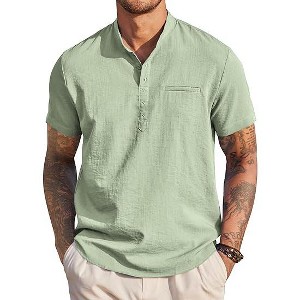 COOFANDY Men's Henley Shirts Band Collar Short Sleeve T-Shirts Casual Summer Beach Shirt Hippie Fashion Hawaiian Shirt Light Green M - 1 of 4