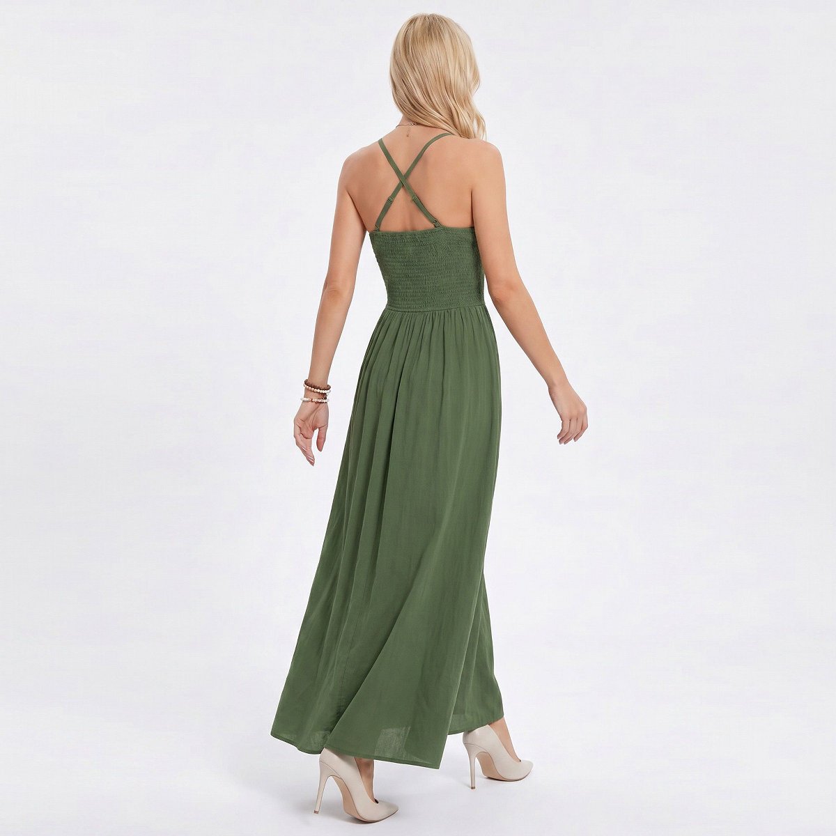 Женские платья Anna-Kaci Women's Lace Waist Maxi Dress with Spaghetti Straps and Surplice V Neck Bodice - X Large, Olive — фото 4
