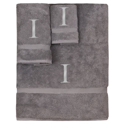 BC BARE COTTON Monogrammed Towel Set, Personalized Gift, Set of 3 - Gray - Silver Block