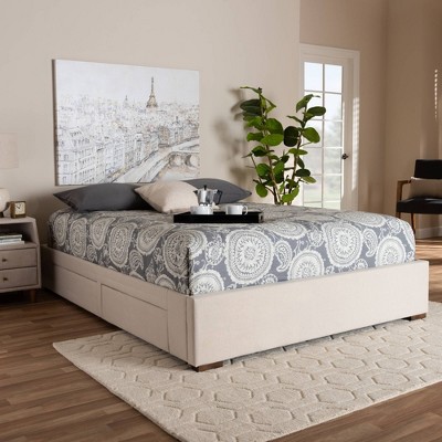 Contemporary King-Sized Walnut Wood Upholstered Bed Frame with Storage