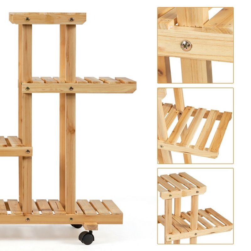 Costway 4-Tier Wooden Plant Stand W/Wheels Multipurpose Storage Rack, Wood Grain Color, 5 of 11