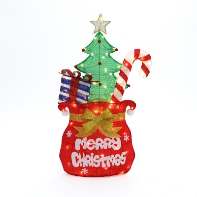 LuxenHome Lighted Santa’s Gift Pack Outdoor Christmas Decoration, Red Fabric Holiday Yard Display Red, Green