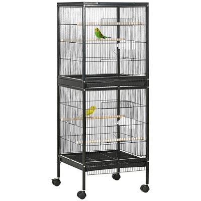 PawHut 55 2 in 1 Bird Cage Aviary Parakeet House for Finches, Budgies with Wheels, Slide-Out Trays, Wood Perch, Food Containers, Black