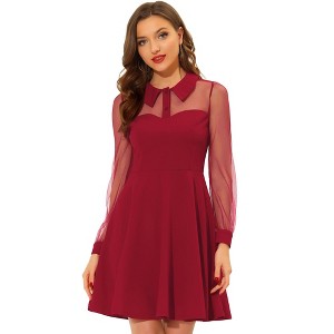 Allegra K Women's Sheer Mesh Panel Long Sleeve Fit and Flare Mini A-Line Dresses - 1 of 4