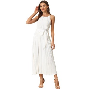 Allegra K Women's Sleeveless Halter Neck Belted A-Line Cocktail Pleated Maxi Sundresses - 1 of 4