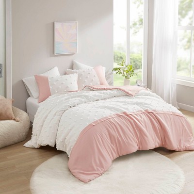 3 PCS Full/Queen Colorblock Clip Jacquard Duvet Cover Set Pink