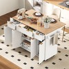 55.5"W Fluted Kitchen Island with Drop Leaf, Wood-Grain Top Rolling Cart, 4 Doors 3 Drawers & Power Outlet - ModernLuxe - 2 of 4