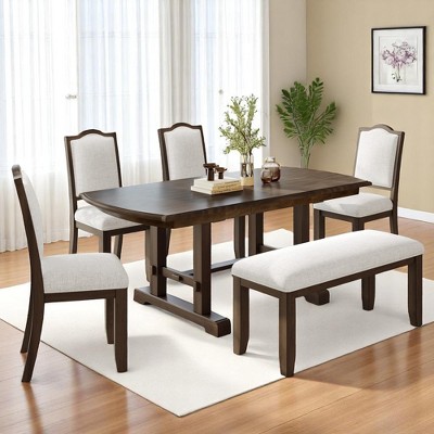 6-Piece Extendable Dining Table Set, 60"-78" Wood Kitchen Table with Removable Leaf, 4 Upholstered Chairs & Bench for Dining Room
