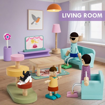 Etokfoks Wooden Dollhouse Furniture Set 39 Pcs 5 Rooms Family Dolls Pets All Wood Doll House Accessories Pretend Play for Kids Ages 3 — фото 3