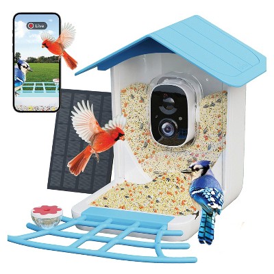 Sky Blue Canopy Plastic Squirrel-Resistant Platform Bird Feeder with Camera