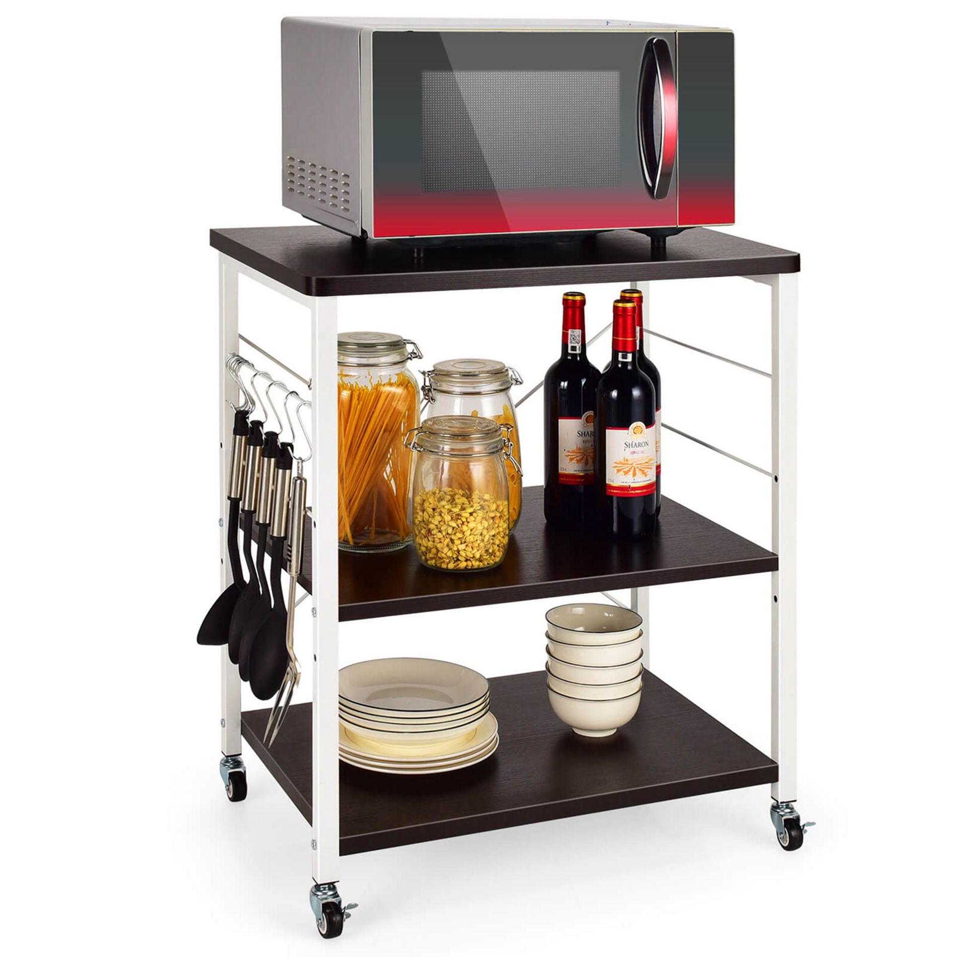 Costway 3-Tier Kitchen Baker's Rack Microwave Oven Storage Cart w/ Hook