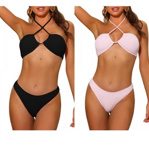 INSPIRE CHIC Women's Halter Bandeau Ribbed Strapless Lace Up Swimwear Bikini Combination Sets - 1 of 4