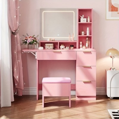 Garvee Makeup Vanity Table Set with Mirror and Storage Stool, Makeup Table Set for Bedroom,Pink