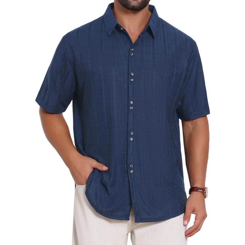 INSPIRE CHIC Men's Texture Short Sleeve Button Down Solid Casual Knitted Shirt Small Dark Blue