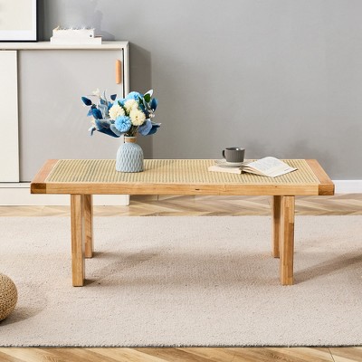 Modern Rattan Coffee Table, 47" Rectangle Accent Center Table, Wooden TV Stand With Rattan Tabletop, Cocktail Table s for Living Room Bedroom Office