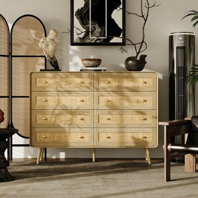 FUFU&GAGA Wooden Color Horizontal Dresser, Rattan - weaving Style, Solid - Wood Legs, Ample Storage for Bedroom