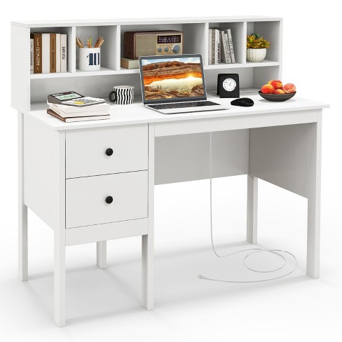 Tangkula White Computer Desk With Storage Wood Modern Writing Desk Large  Drawer & Rubber Wood Legs Study Desk For Small Space : Target