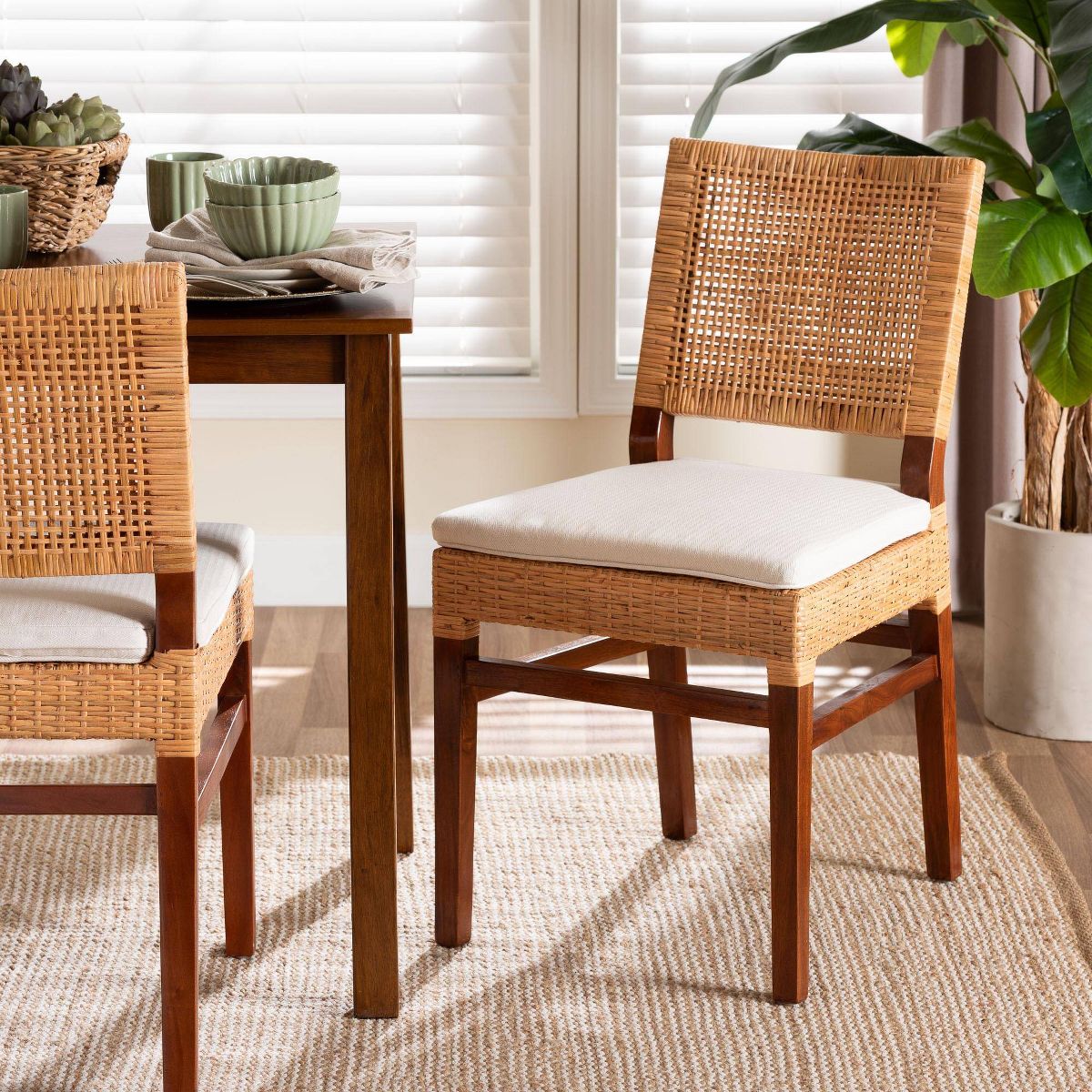 bali & pari Lesia Natural Rattan Dining Chair with Cushion Light Honey/Walnut Brown - thumbnail 7