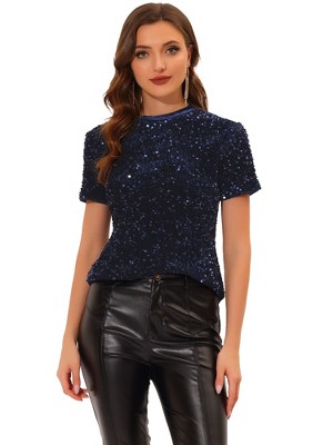 INSPIRE CHIC Women's Sequin Velvet Crew Neck Short Sleeve T-shirt