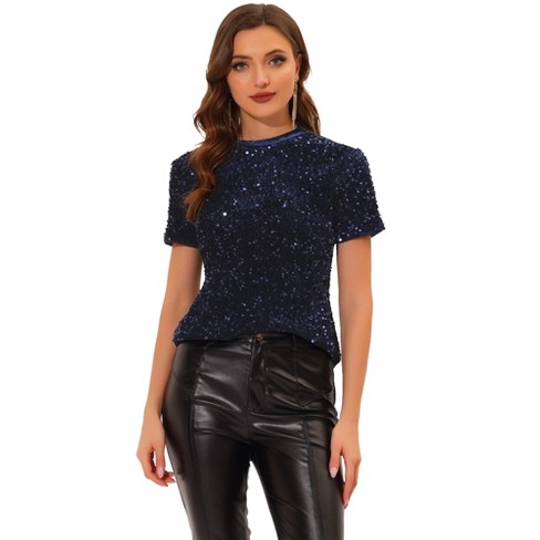 Allegra K Women's Sequin Velvet Crew Neck Short Sleeve T-shirt Navy Blue  Large : Target