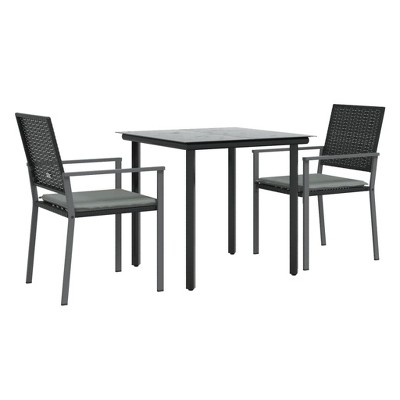 vidaXL 3 Piece Patio Dining Set - Poly Rattan and Steel Frame - Weather Resistant, Black Rattan Chairs and Black Glass Tabletop