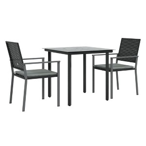 vidaXL 3 Piece Patio Dining Set - Poly Rattan and Steel Frame - Weather Resistant, Black Rattan Chairs and Black Glass Tabletop - 1 of 4