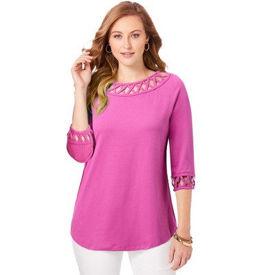 Jessica London Women's Plus Size Stretch Cotton Lattice Boatneck Tunic