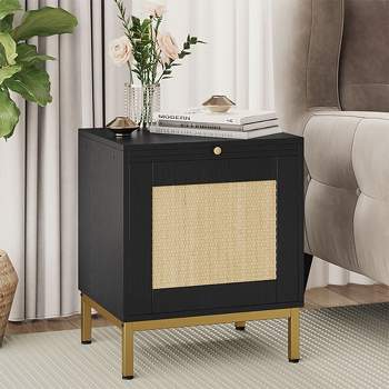 Night Stand, Accent Bedside Table with Storage Cabinets, Modern Rattan Side Table with Sturdy Metal Legs for Living Room, Rattan Night Stand