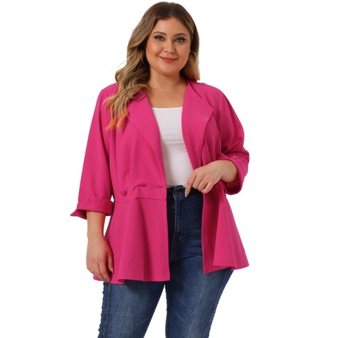 Casual Plain Lapel Neck Regular Long Sleeve Hot Pink Plus Size Blazers  (Women's Plus)