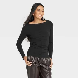 Women's Long Sleeve Slim Fit Boat Neck Ruched Front Top - A New Day™ Black M