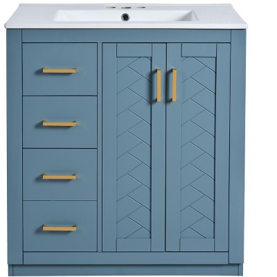 Vynxaria 30" Indigo Freestanding Bathroom Storage Cabinet with Ceramic Sink and Soft-Closing Doors