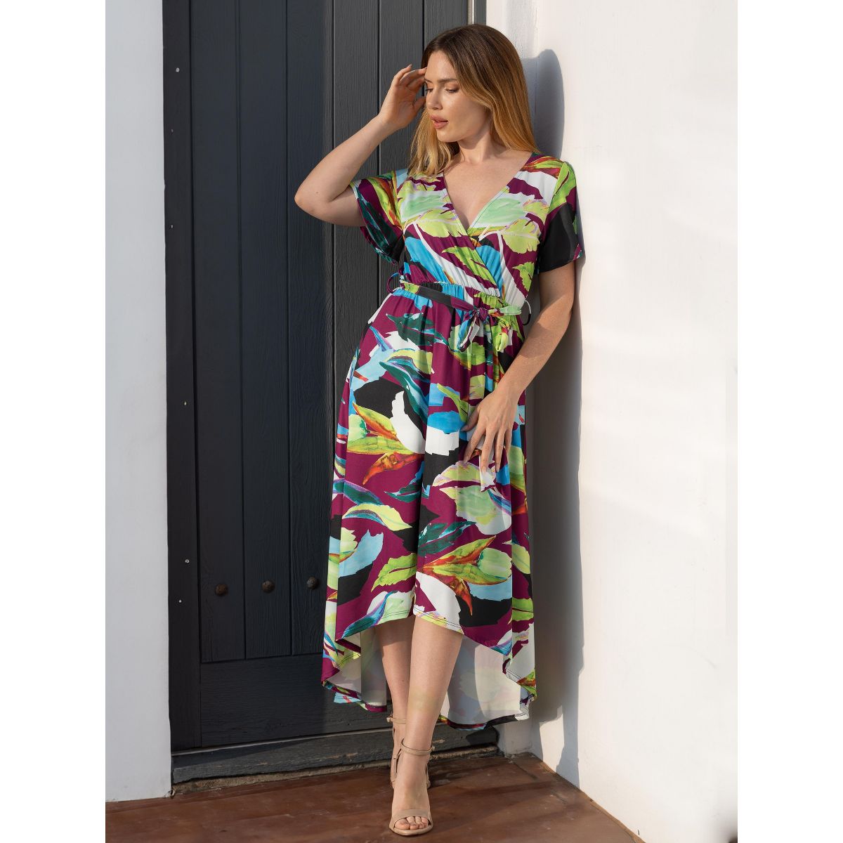24seven Comfort Apparel Womens Colorful Floral V Neck Belted High Low Faux Wrap Dress - thumbnail 4